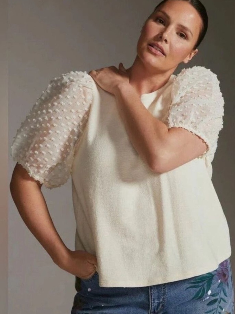Anthropologie Maeve Ivory Puff Sheer Sleeve Top Small